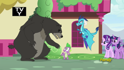 Size: 1920x1080 | Tagged: safe, screencap, princess ember, spike, starlight glimmer, thorax, twilight sparkle, twilight sparkle (alicorn), alicorn, bear, changedling, changeling, dragon, pony, unicorn, triple threat, bear thorax, king thorax, tv-y