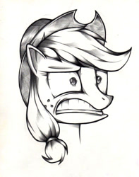 Size: 626x794 | Tagged: safe, artist:applepie5480, applejack, earth pony, pony, bust, gritted teeth, monochrome, portrait, solo