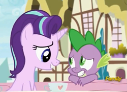 Size: 795x571 | Tagged: safe, screencap, spike, starlight glimmer, dragon, pony, unicorn, triple threat, cute, daaaaaaaaaaaw, epic, female, glimmerbetes, looking at each other, male, mare, smiling, spikabetes