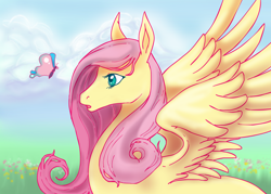 Size: 1616x1160 | Tagged: safe, artist:mechanicalmasochist, fluttershy, butterfly, pegasus, pony, female, mare, solo