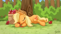 Size: 2560x1440 | Tagged: safe, artist:mysticalpha, applejack, earth pony, pony, apple, basket, loose hair, sleeping, solo, tree, wallpaper