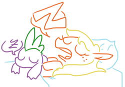 Size: 547x380 | Tagged: safe, artist:the weaver, applejack, spike, dragon, earth pony, pony, applespike, bed, female, male, shipping, simple background, sleeping, straight, white background, z