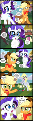 Size: 1000x3550 | Tagged: safe, artist:coltsteelstallion, applejack, derpy hooves, rarity, earth pony, pony, unicorn, bag, bandana, bipedal, comic, eating, engrish, floppy ears, grass, grazing, herbivore, horses doing horse things, lawn mower, sitting, smiling, speech bubble, sudden realization, tongue out, tower of pimps