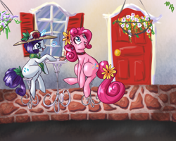 Size: 1024x819 | Tagged: safe, artist:rastaquouere69, pinkie pie, rarity, earth pony, pony, unicorn, alternate hairstyle, cafe, coffee, female, flower, hat, lesbian, raripie, shipping