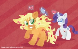 Size: 1280x800 | Tagged: safe, artist:caramelcookie, applejack, rarity, earth pony, pony, unicorn, bow, brushie, hair curlers