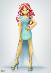 Size: 2165x3080 | Tagged: safe, artist:bcpony, sunset shimmer, equestria girls, beautiful, clothes, dress, female, hand on hip, high heels, lidded eyes, looking at you, sandals, smiling, solo