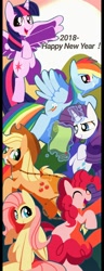 Size: 460x1200 | Tagged: safe, artist:erufi, derpibooru import, applejack, fluttershy, pinkie pie, rainbow dash, rarity, twilight sparkle, twilight sparkle (alicorn), alicorn, earth pony, pegasus, pony, unicorn, cute, dashabetes, diapinkes, eyes closed, female, flying, folded wings, glowing horn, jackabetes, levitation, looking at you, magic, mane six, mare, new year, open mouth, raised hoof, raribetes, shyabetes, smiling, spread wings, telekinesis, twiabetes, wings