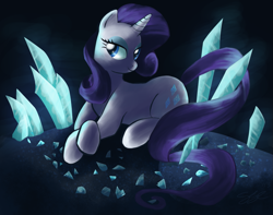 Size: 1193x941 | Tagged: safe, artist:seyllah, rarity, pony, unicorn, crystal, female, long tail, mare, prone, smiling, solo