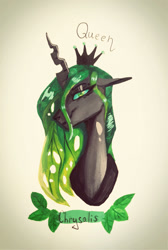 Size: 1024x1526 | Tagged: safe, artist:finchina, queen chrysalis, changeling, changeling queen, bust, crown, eye clipping through hair, female, floppy ears, green changeling, jewelry, lidded eyes, limited palette, looking at you, regalia, simple background, solo, stray strand, traditional art, white background