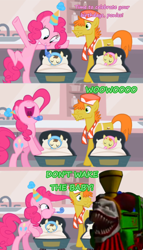 Size: 760x1329 | Tagged: safe, edit, edited screencap, screencap, carrot cake, pinkie pie, pound cake, pumpkin cake, earth pony, pony, baby cakes, bipedal, bipedal leaning, carnevil, comic, hat, leaning, noisemaker, open mouth, party hat, puffy cheeks, screencap comic, train, umlaut, uvula
