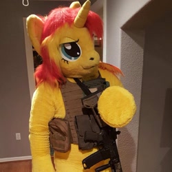 Size: 960x959 | Tagged: safe, sunset shimmer, human, ar15, assault rifle, bulletproof vest, clothes, cosplay, costume, fursuit, gun, irl, irl human, magpul, photo, pony costume, rifle, weapon