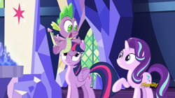 Size: 842x471 | Tagged: safe, screencap, spike, starlight glimmer, twilight sparkle, twilight sparkle (alicorn), alicorn, dragon, pony, unicorn, triple threat, out of context