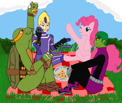 Size: 1024x870 | Tagged: safe, pinkie pie, earth pony, human, pony, beast boy, code lyoko, crossover, female, male, mare, michelangelo, odd della robbia, teen titans, teenage mutant ninja turtles