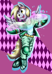 Size: 1984x2803 | Tagged: safe, artist:otakuap, derpy hooves, pony, semi-anthro, bipedal, bubble, caesar zeppeli, clothes, epic derpy, happy, headband, jojo's bizarre adventure, open mouth, parody, smiling, solo, spread wings