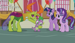 Size: 815x469 | Tagged: safe, screencap, spike, starlight glimmer, thorax, twilight sparkle, twilight sparkle (alicorn), alicorn, changedling, changeling, dragon, pony, unicorn, triple threat, king thorax