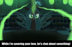 Size: 2400x1573 | Tagged: safe, queen chrysalis, changeling, changeling queen, egg, glowing eyes, glowing horn, horn, introvert's nightmare, looking at you, meme, table, text
