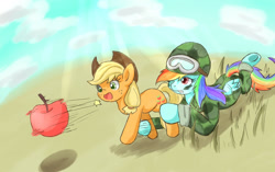 Size: 1224x768 | Tagged: safe, artist:jiiko, derpibooru import, applejack, rainbow dash, earth pony, pegasus, pony, anatomically incorrect, apple, clothes, female, food, frown, goggles, gritted teeth, helmet, hoof hold, incorrect leg anatomy, mare, military uniform, one eye closed, open mouth, pixiv, pony gun, prone, shooting, smiling, spitting, underhoof, wat, wink