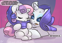 Size: 1500x1055 | Tagged: safe, artist:atryl, rarity, sweetie belle, pony, unicorn, 30 minute art challenge, cute, dialogue, diasweetes, eyes closed, female, filly, lying, lying down, mare, music notes, open mouth, prone, sisters, sitting, smiling, speech bubble, tail wrap, talking