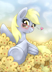Size: 865x1200 | Tagged: safe, artist:joakaha, derpy hooves, pegasus, pony, cute, derpabetes, female, food, glasses, heart, mare, muffin, pile, solo, that pony sure does love muffins