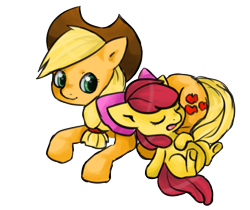 Size: 597x501 | Tagged: safe, artist:melipuffles, apple bloom, applejack, earth pony, pony, female, mare, sleeping