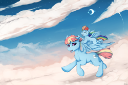 Size: 1280x853 | Tagged: safe, artist:blackkaries, derpibooru import, rainbow dash, windy whistles, pegasus, pony, cloud, crescent moon, cute, dashabetes, duo, female, filly, filly rainbow dash, hug, mare, moon, mother and child, mother and daughter, night, on a cloud, parent and child, sky, stars, winghug, younger