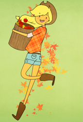 Size: 525x768 | Tagged: safe, artist:giraffewizardry, applejack, adventure time, apple, barrel, humanized, skinny, solo, style emulation