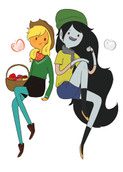 Size: 520x727 | Tagged: safe, artist:giraffewizardry, applejack, adventure time, apple, basket, crossover, duo, humanized, marceline, simple background, skinny, smiling, transparent background