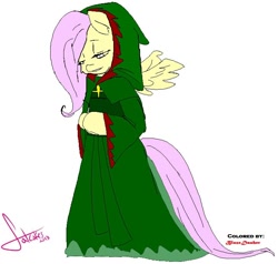 Size: 730x694 | Tagged: safe, artist:blazedasher, fluttershy, anthro, clothes, dress, hood, solo