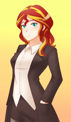 Size: 1280x2200 | Tagged: safe, artist:jonfawkes, sunset shimmer, human, clothes, commission, humanized, looking at you, older, smiling, solo