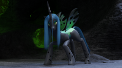 Size: 2666x1500 | Tagged: safe, artist:radiomann01, queen chrysalis, changeling, changeling queen, 3d, angry, blender, buzzing wings, cave, female, looking at you, render, solo, wings