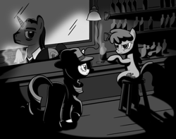 Size: 1425x1125 | Tagged: artist needed, safe, berry punch, berryshine, rarity, pony, unicorn, angry, ashtray, bar, black and white, booze, cigar, clothes, detective, detective rarity, drunk, fedora, grayscale, hat, hilarious in hindsight, noir, smoking, trenchcoat