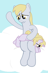 Size: 327x500 | Tagged: safe, artist:sternymares, derpy hooves, dinky hooves, cloud, filly, punishment, sad, spanking, tail lift, this hurts me more than it hurts you