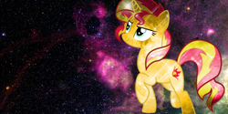 Size: 1366x685 | Tagged: safe, artist:mlpsonic156, sunset shimmer, pony, unicorn, female, galaxy, lens flare, mare, raised hoof, solo, space, vector, wallpaper