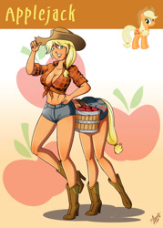Size: 755x1057 | Tagged: safe, artist:accessworld, applejack, apple, applerack, breasts, cleavage, female, humanized, humantaur, tailed humanization, what has science done