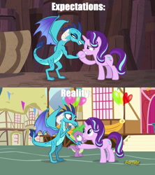 Size: 1920x2160 | Tagged: safe, screencap, princess ember, spike, starlight glimmer, dragon, pony, celestial advice, triple threat, comparison, expectation vs reality, image macro, imagine spot, meme, pointing