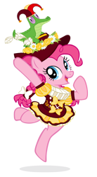 Size: 775x1400 | Tagged: safe, artist:pixelkitties, gummy, pinkie pie, pony, bipedal, clothes, hat, jester, jester pie, ruff (clothing), simple background, solo, transparent background