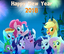 Size: 1560x1320 | Tagged: safe, artist:the-butch-x, derpibooru import, applejack, fluttershy, pinkie pie, rainbow dash, rarity, spike, starlight glimmer, twilight sparkle, twilight sparkle (alicorn), alicorn, dragon, earth pony, pegasus, pony, unicorn, :d, canterlot, canterlot castle, fireworks, happy new year, happy new year 2018, holiday, looking at you, mane seven, mane six