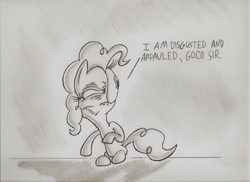 Size: 2338x1700 | Tagged: safe, artist:nocturnalmeteor, pinkie pie, earth pony, pony, monochrome, solo, text