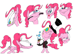 Size: 1600x1200 | Tagged: safe, artist:nocturnalmeteor, pinkie pie, pony, bipedal, bubble, clothes, hat, monocle, pipe, sketch dump, suit