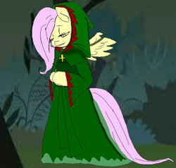 Size: 730x694 | Tagged: safe, fluttershy, anthro, clothes, colored, dress, everfree forest, hood, solo