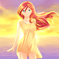 Size: 1280x1280 | Tagged: safe, artist:jonfawkes, sunset shimmer, human, equestria girls, beautiful, clothes, cute, dress, female, humanized, looking at you, shimmerbetes, smiling, solo, sundress, windswept mane