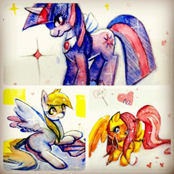 Size: 500x500 | Tagged: safe, artist:chien, derpy hooves, fluttershy, twilight sparkle, pegasus, pony, female, mare, pixiv