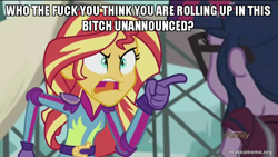 Size: 800x450 | Tagged: safe, edit, edited screencap, screencap, sci-twi, sunset shimmer, twilight sparkle, equestria girls, friendship games, caption, freaknik: the musical, image macro, meme, sunset yells at twilight, vulgar