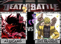 Size: 924x660 | Tagged: safe, applejack, twilight sparkle, alucard, barely pony related, crossover, death battle, dio brando, hellsing, jojo's bizarre adventure