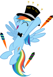 Size: 4057x5785 | Tagged: safe, artist:ironm17, derpibooru import, rainbow dash, pegasus, pony, absurd resolution, bowtie, clothes, cylinder, eyes closed, female, fireworks, happy, happy new year, hat, holiday, mare, new year, rocket, simple background, solo, top hat, transparent background, vector