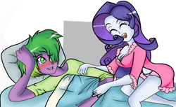Size: 730x446 | Tagged: safe, artist:equestriagurl77, rarity, spike, equestria girls, belly button, breasts, clothes, dress, female, gown, human spike, male, raritits, shipping, sparity, straight