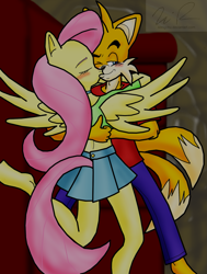 Size: 1249x1652 | Tagged: safe, artist:sonigoku, fluttershy, anthro, blushing, commission, crossover, crossover shipping, female, fluttertails, interspecies, kissing, love, male, miles "tails" prower, shipping, sonic the hedgehog (series), straight