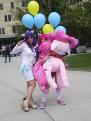 Size: 768x1024 | Tagged: safe, artist:xneekoneekox, pinkie pie, rarity, human, cosplay, irl, irl human, photo, plushie