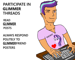 Size: 919x737 | Tagged: safe, starlight glimmer, human, /mlp/, 4chan, always responds meme, aussie joke, glimmerfriend, glimmerposting, hide x threads, keyboard, meme, one eye closed, purple, smiling, subversion, subverted meme, text, wink, wow! glimmer