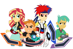 Size: 3000x2023 | Tagged: safe, artist:edcom02, artist:jmkplover, snails, snips, sunset shimmer, oc, oc:roy starfall, equestria girls, breasts, crossover, duel disk, female, simple background, transparent background, yu-gi-oh!, yu-gi-oh! arc-v